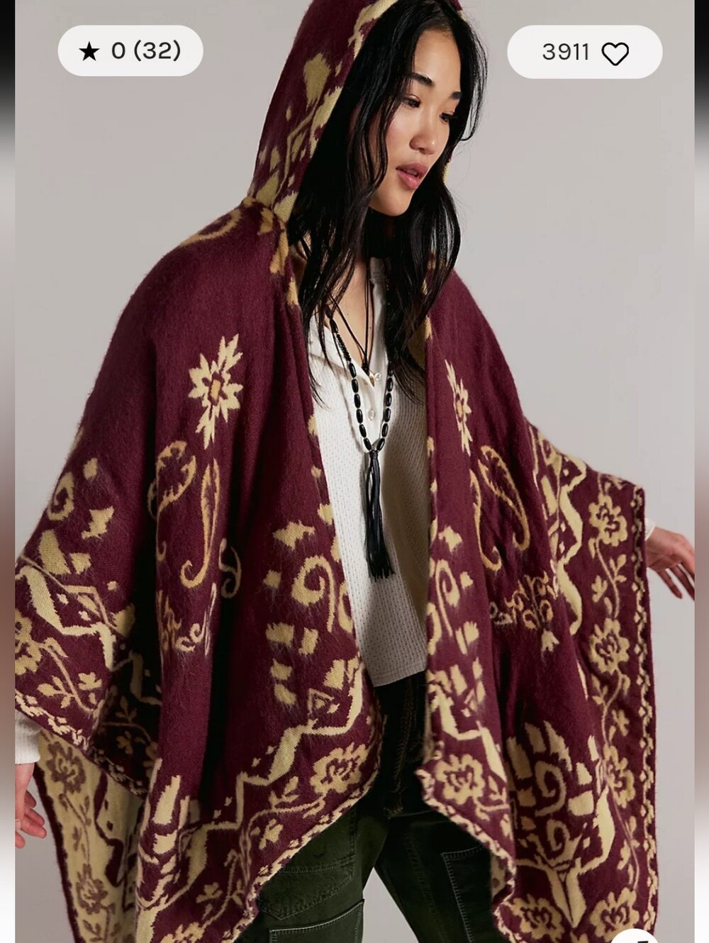 Free People Rown Women’s Hooded Patterned Poncho Sweater - Burgundy Cream